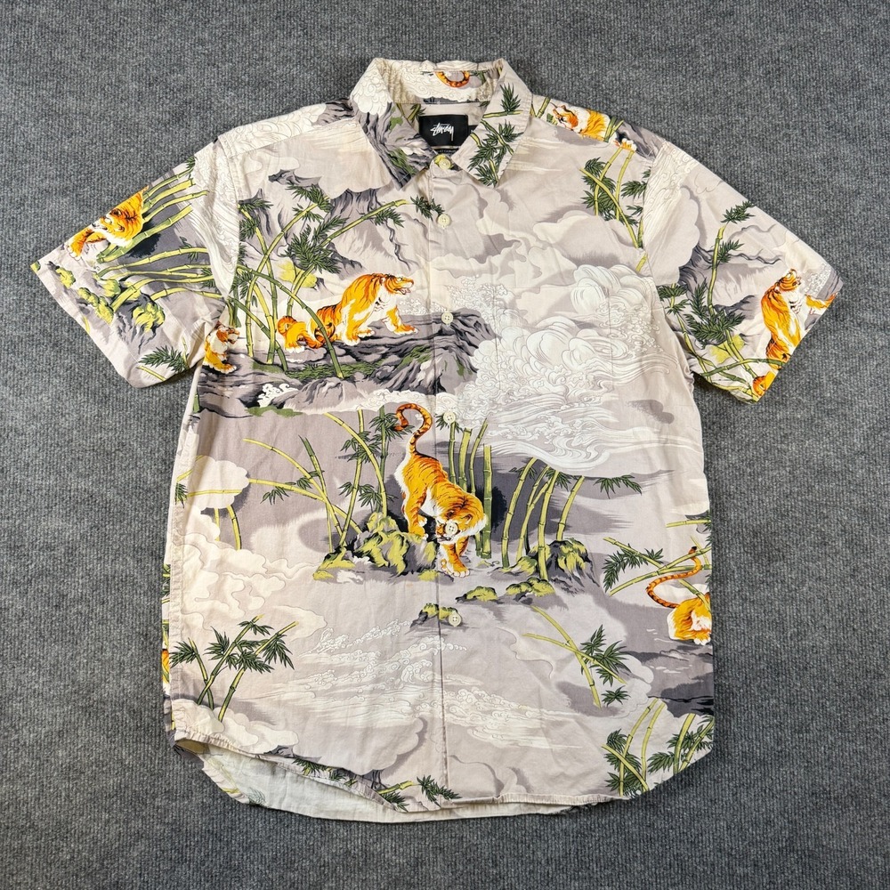 RARE Stussy Hoffman California Fabrics Tiger Pattern Short Sleeve Shirt Size M
